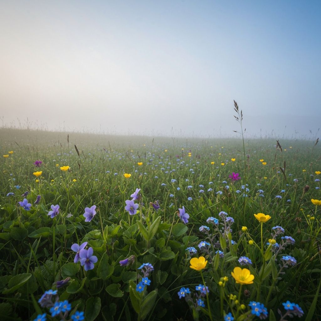Morgennebel über Schweizer Alpenwiese